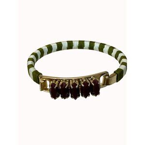 J.Crew Gold-Tone Bracelet With Maroon Stones & Green/White Striped Band Hinged